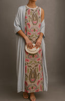 Women's Floral Print Maxi Dress – Round Neck Sleeveless Two Piece Coat Set