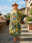 Women's Floral Print Maxi – Round Neck 3/4 Sleeve Balloon Hem Pocket Summer Dress
