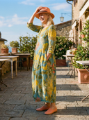 Women's Floral Print Maxi – Round Neck 3/4 Sleeve Balloon Hem Pocket Summer Dress