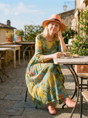 Women's Floral Print Maxi – Round Neck 3/4 Sleeve Balloon Hem Pocket Summer Dress