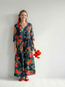 Women's Floral Print Maxi – V Neck 3/4 Sleeve Gathered Waist Tiered Pocket Casual Dress