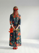 Women's Floral Print Maxi – V Neck 3/4 Sleeve Gathered Waist Tiered Pocket Casual Dress