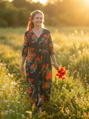 Women's Floral Print Maxi – V Neck 3/4 Sleeve Gathered Waist Tiered Pocket Casual Dress