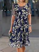 Women's Floral Print Midi Dress – Round Neck Mesh Sleeve A-Line Summer Wedding Guest