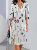 Women's Floral Print Midi Dress – Round Neck Mesh Sleeve A-Line Summer Wedding Guest