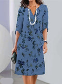 Women's Floral Print Midi Dress – Round Neck Mesh Sleeve A-Line Summer Wedding Guest