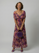 Women's Floral Print Off Shoulder Midi Dress – Draped V Neck Ruched Waist