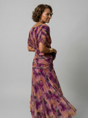 Women's Floral Print Off Shoulder Midi Dress – Draped V Neck Ruched Waist