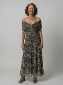 Women's Floral Print Off Shoulder Midi Dress – Draped V Neck Ruched Waist