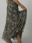 Women's Floral Print Off Shoulder Midi Dress – Draped V Neck Ruched Waist