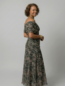 Women's Floral Print Off Shoulder Midi Dress – Draped V Neck Ruched Waist