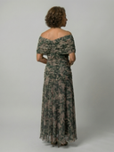 Women's Floral Print Off Shoulder Midi Dress – Draped V Neck Ruched Waist