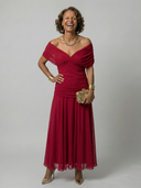 Women's Floral Print Off Shoulder Midi Dress – Draped V Neck Ruched Waist