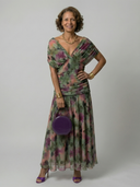 Women's Floral Print Off Shoulder Midi Dress – Draped V Neck Ruched Waist