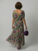 Women's Floral Print Off Shoulder Midi Dress – Draped V Neck Ruched Waist