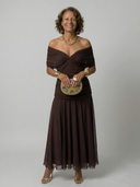 Women's Floral Print Off Shoulder Midi Dress – Draped V Neck Ruched Waist