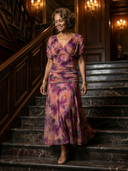 Women's Floral Print Off Shoulder Midi Dress – Draped V Neck Ruched Waist