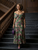 Women's Floral Print Off Shoulder Midi Dress – Draped V Neck Ruched Waist