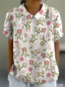 Women's Floral Print Peter Pan Collar Short Sleeve Top – Casual Summer Blouse