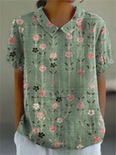 Women's Floral Print Peter Pan Collar Short Sleeve Top – Casual Summer Blouse