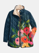 Women's Floral Print Quilted Jacket – Stand Collar Long Sleeve Snap Button Spring Coat