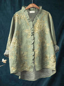 Women's Floral Print Ruffle Trim Blouse – V Neck Long Sleeve Casual Everyday Button Top