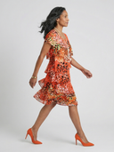 Women's Floral Print Tiered Knee Length – Scoop Neck Cap Sleeve Midi Dress