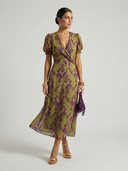 Women's Floral Print Wrap Midi Dress – V Neck Puff Sleeve Wedding Guest