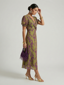 Women's Floral Print Wrap Midi Dress – V Neck Puff Sleeve Wedding Guest