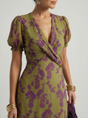 Women's Floral Print Wrap Midi Dress – V Neck Puff Sleeve Wedding Guest