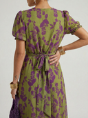 Women's Floral Print Wrap Midi Dress – V Neck Puff Sleeve Wedding Guest