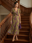 Women's Floral Print Wrap Midi Dress – V Neck Puff Sleeve Wedding Guest