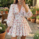 Women's Floral Rose Print Mini Dress – V Neck Lace Trim Puff Sleeve Tiered