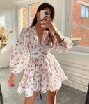 Women's Floral Rose Print Mini Dress – V Neck Lace Trim Puff Sleeve Tiered