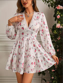Women's Floral Rose Print Mini Dress – V Neck Lace Trim Puff Sleeve Tiered