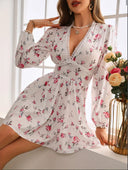 Women's Floral Rose Print Mini Dress – V Neck Lace Trim Puff Sleeve Tiered