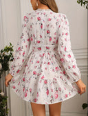 Women's Floral Rose Print Mini Dress – V Neck Lace Trim Puff Sleeve Tiered