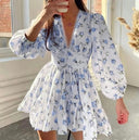Women's Floral Rose Print Mini Dress – V Neck Lace Trim Puff Sleeve Tiered