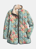 Women's Floral Rose Quilted Jacket – Stand Collar Contrast Trim Snap Button