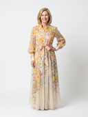Women's Floral Sheer Maxi Dress – Long Sleeve Button Front Tie Waist