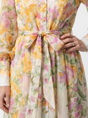 Women's Floral Sheer Maxi Dress – Long Sleeve Button Front Tie Waist