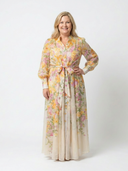 Women's Floral Sheer Maxi Dress – Long Sleeve Button Front Tie Waist