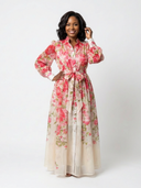 Women's Floral Sheer Maxi Dress – Long Sleeve Button Front Tie Waist