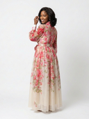 Women's Floral Sheer Maxi Dress – Long Sleeve Button Front Tie Waist