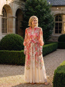 Women's Floral Sheer Maxi Dress – Long Sleeve Button Front Tie Waist