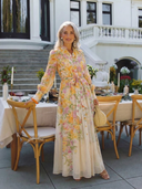 Women's Floral Sheer Maxi Dress – Long Sleeve Button Front Tie Waist