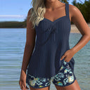 Women's Floral Tankini Set – Ribbed Tank Top Tie Front Swim Shorts Two Piece