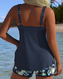 Women's Floral Tankini Set – Ribbed Tank Top Tie Front Swim Shorts Two Piece