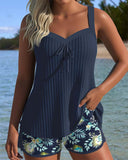 Women's Floral Tankini Set – Ribbed Tank Top Tie Front Swim Shorts Two Piece