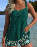 Women's Floral Tankini Set – Ribbed Tank Top Tie Front Swim Shorts Two Piece